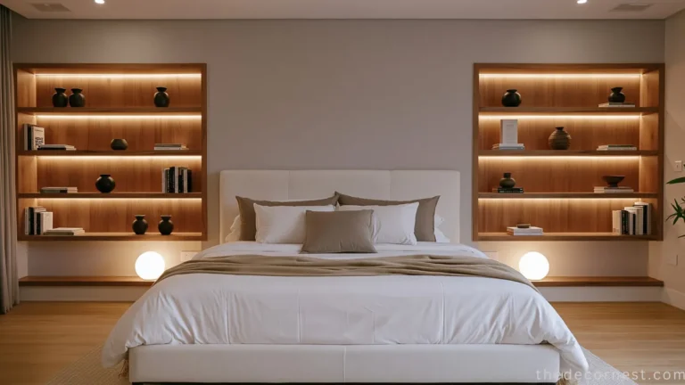 24 Bedroom Lighting Ideas for a Comfortable and Stylish Space 2 Modern bedroom with warm backlit floating shelves, white bedding, and glowing bedside lamps.