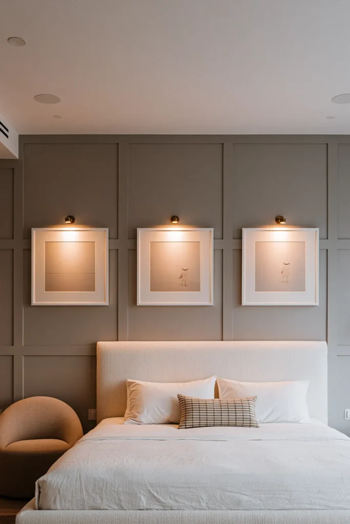 24 Bedroom Lighting Ideas for a Comfortable and Stylish Space 11 Three brass picture lights illuminating framed art above a pale upholstered bedroom bed.