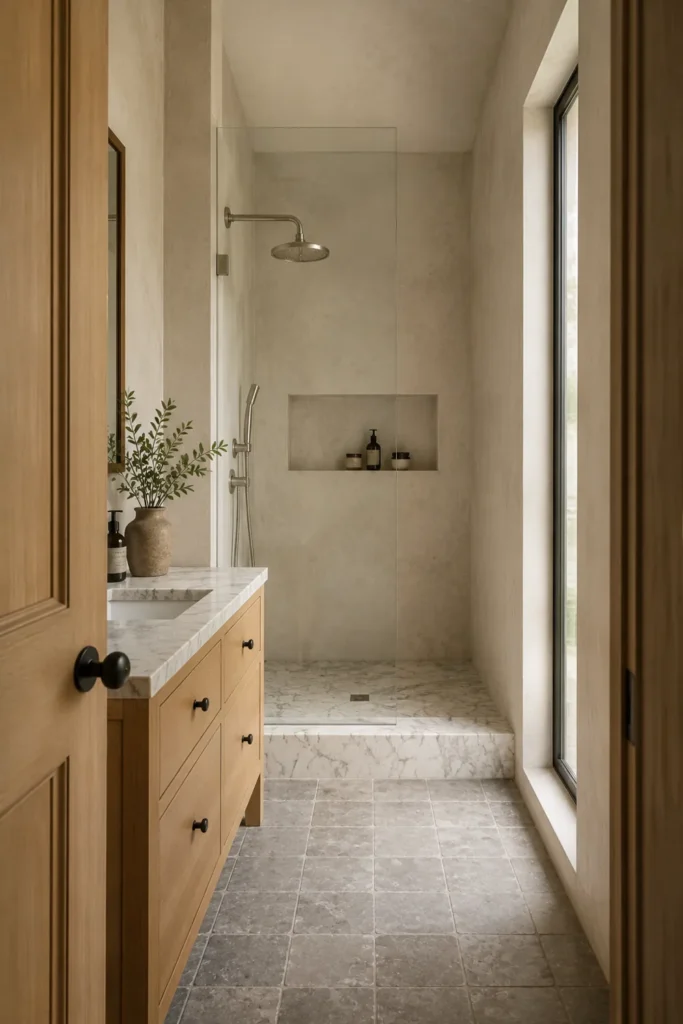 30 Modern Farmhouse Bathroom Decor Ideas for a Warm, Updated Space 16 Cohesive farmhouse bathroom with beige plaster walls, a light wood vanity, white marble shower base, and frameless glass panel.