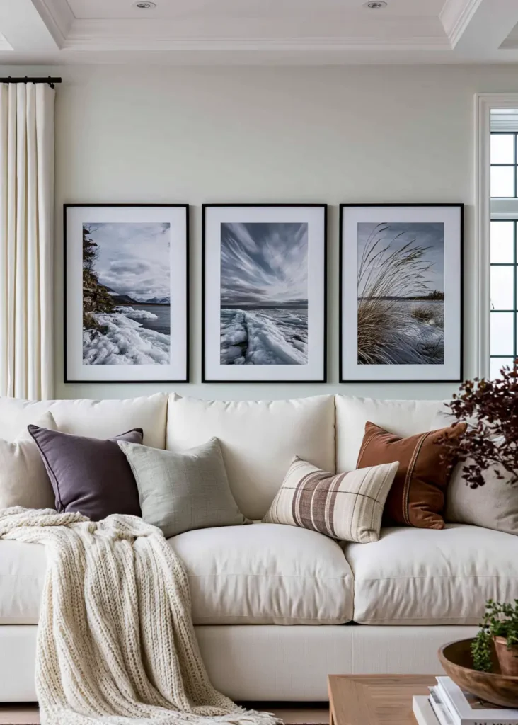 23 Living Room Wall Decor Ideas Above the Couch for a Stylish Sofa Wall 10 Cream sofa with three black-framed black-and-white landscape photographs above it
