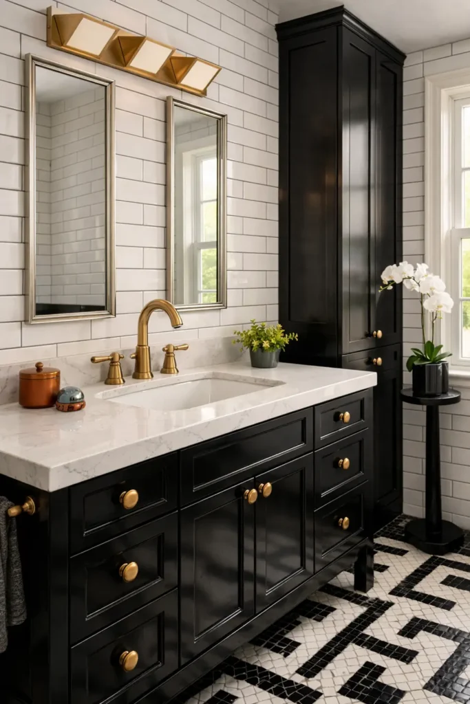 30 Modern Farmhouse Bathroom Decor Ideas for a Warm, Updated Space 22 Modern farmhouse bathroom with glossy black cabinets, white subway tile, brass fixtures, geometric flooring, and a white orchid.