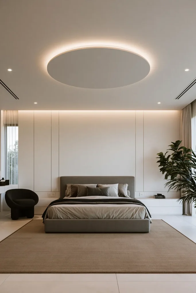 24 Bedroom Lighting Ideas for a Comfortable and Stylish Space 16 Modern bedroom with a large black circular flush-mount ceiling light above a gray upholstered bed.