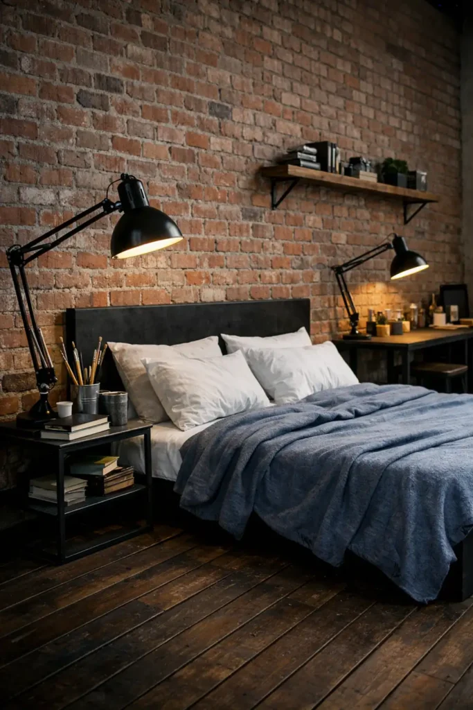 24 Bedroom Lighting Ideas for a Comfortable and Stylish Space 23 Industrial loft bedroom with black adjustable task lamps, exposed brick, and dark wood flooring.