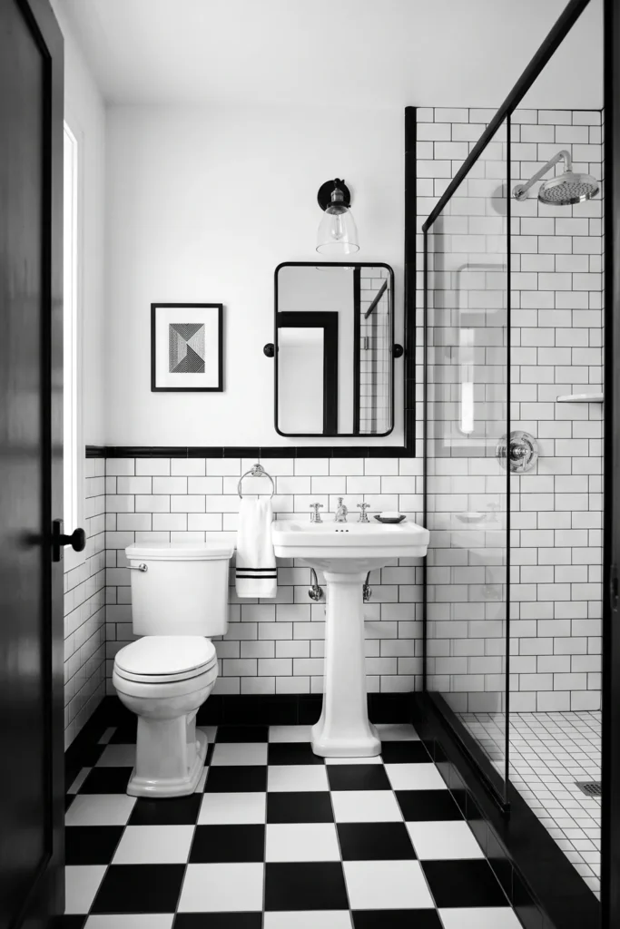 Bathroom Color Schemes That Never Go Out of Style 2 Black and white bathroom color scheme with checkerboard floor tile, white subway walls, chrome fixtures, and pedestal sink