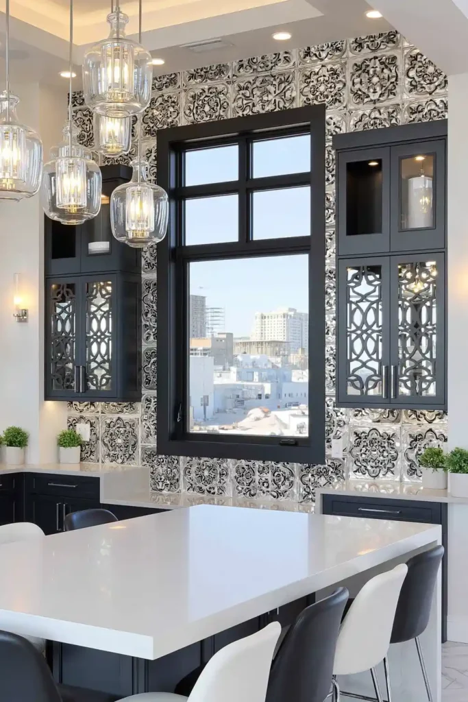 Counter-to-ceiling black-and-white mosaic backsplash around a large window in a sophisticated black kitchen.