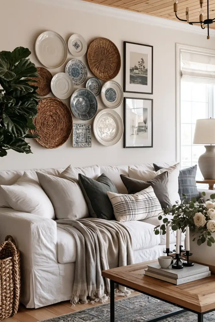 23 Living Room Wall Decor Ideas Above the Couch for a Stylish Sofa Wall 12 White slipcovered sofa with blue and white ceramic plates arranged above it