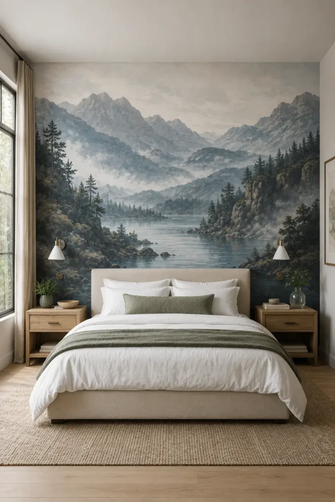 30 Master Bedroom Wall Decor Ideas for a More Personal Space 19 Blue-gray mountain mural wallpaper behind a pale upholstered bed in a tranquil master bedroom.