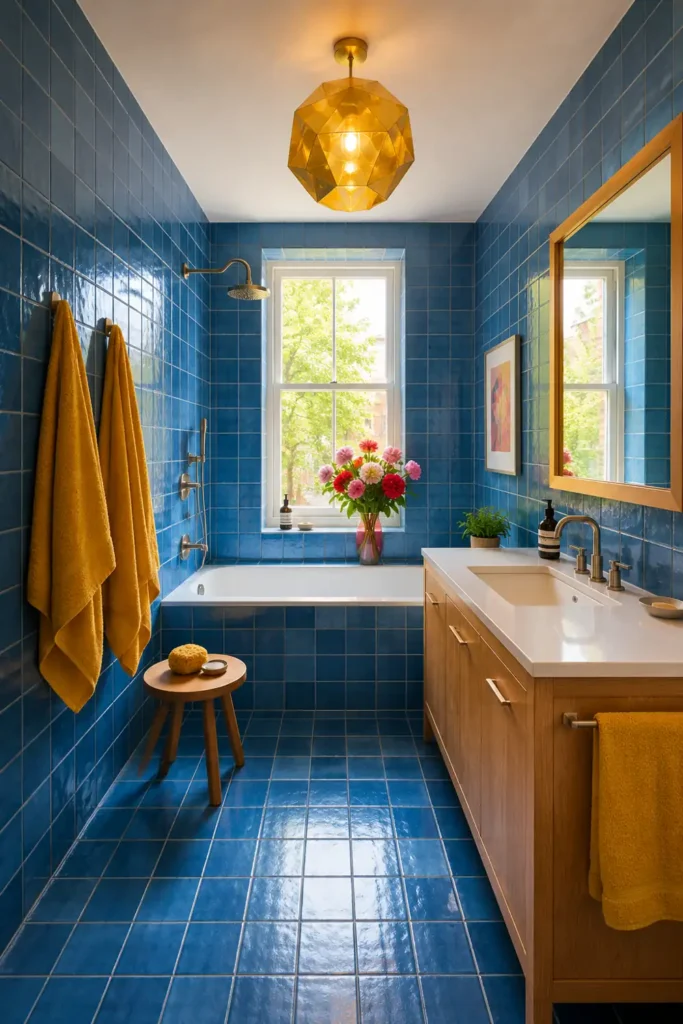 30 Modern Farmhouse Bathroom Decor Ideas for a Warm, Updated Space 8 Colorful farmhouse bathroom with blue square tiles, mustard-yellow towels, a light wood vanity, and a golden ceiling light.