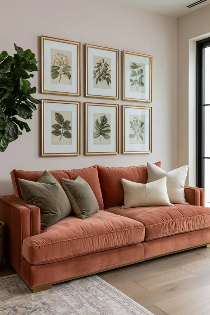 23 Living Room Wall Decor Ideas Above the Couch for a Stylish Sofa Wall 17 Blush pink velvet sofa with framed botanical prints above it and a tall potted plant