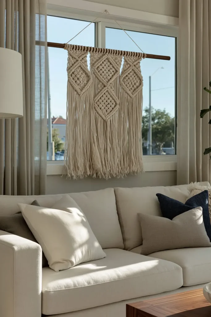 23 Living Room Wall Decor Ideas Above the Couch for a Stylish Sofa Wall 6 Cream sofa with macrame wall hanging above it between sheer curtains