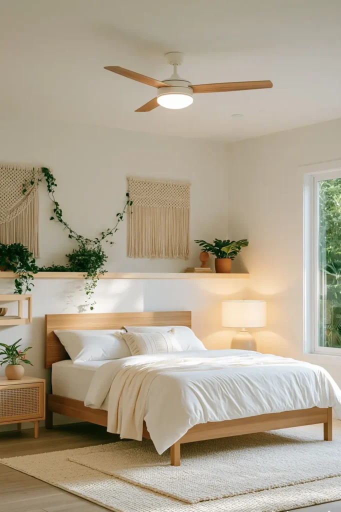 24 Bedroom Lighting Ideas for a Comfortable and Stylish Space 18 Bohemian bedroom with a white ceiling fan, wood-look blades, integrated light, plants, and macramé decor.