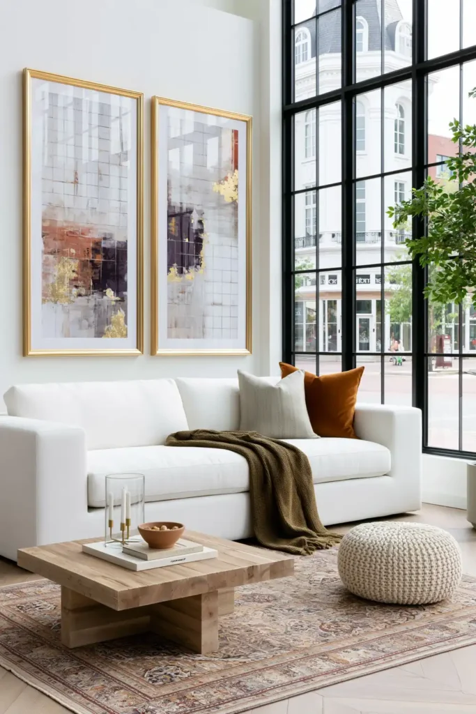 23 Living Room Wall Decor Ideas Above the Couch for a Stylish Sofa Wall 23 White sofa with two large abstract color block prints above it beside black-framed windows