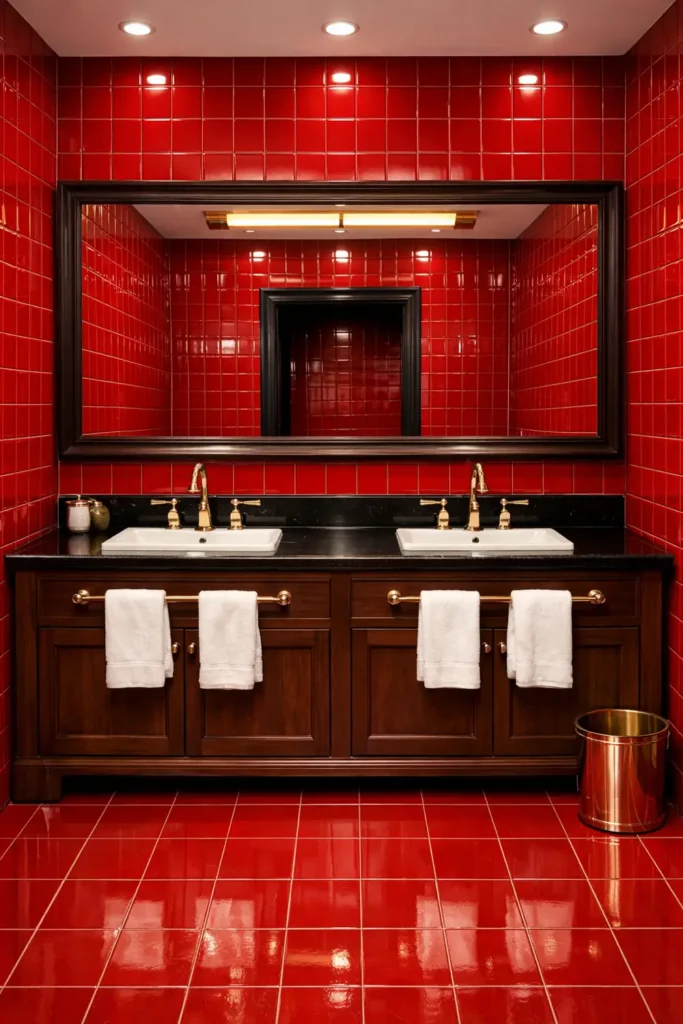 30 Modern Farmhouse Bathroom Decor Ideas for a Warm, Updated Space 7 Bold farmhouse bathroom with glossy red tile, a dark wood double vanity, brass fixtures, and a wide framed mirror.