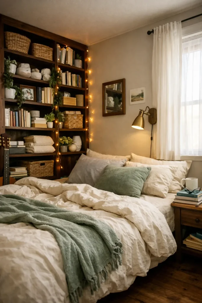 6 Small Bedroom Decorating Ideas to Utilize Space 2 Small bedroom with dark wood shelving around the bed, books, baskets, plants, cream bedding, and warm reading lights.