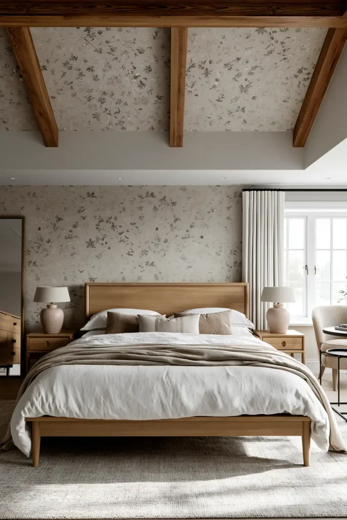 30 Master Bedroom Wall Decor Ideas for a More Personal Space 20 Gray-green botanical wallpaper continuing from the bedroom headboard wall across the ceiling.