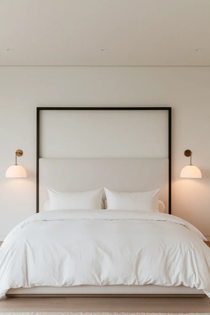 24 Bedroom Lighting Ideas for a Comfortable and Stylish Space 20 Matching brass wall-mounted sconces beside a white bed framed by a dark metal canopy.