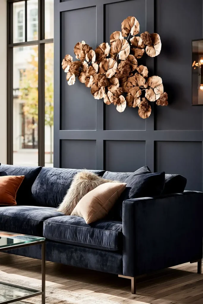 23 Living Room Wall Decor Ideas Above the Couch for a Stylish Sofa Wall 16 Navy velvet sofa with brushed gold organic metal wall sculpture on dark paneling