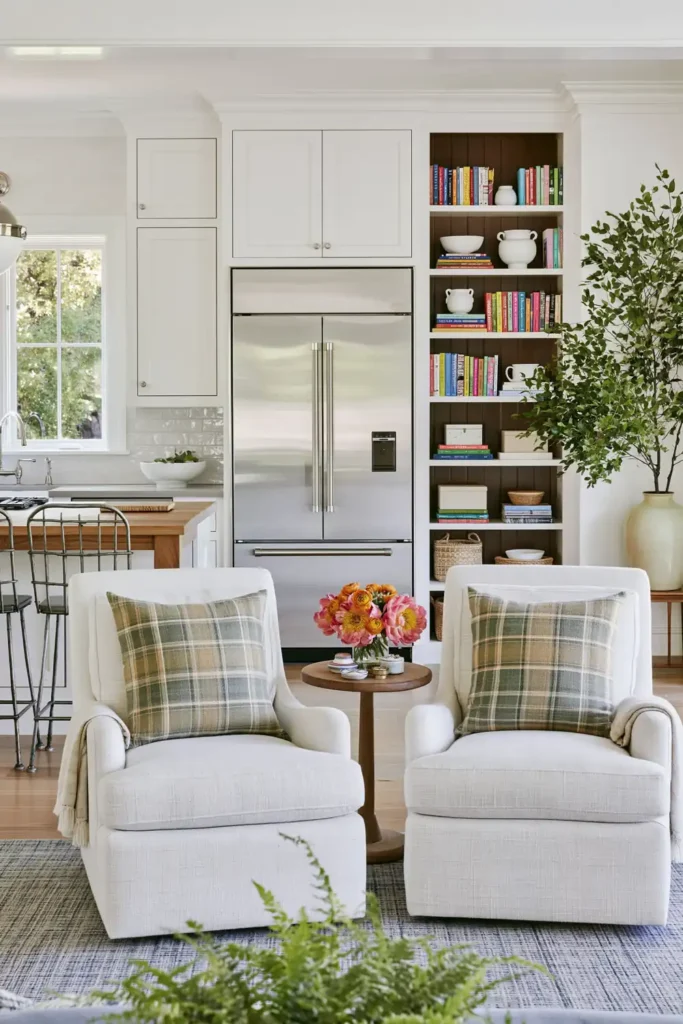 Open kitchen and sitting area with white cabinetry, dark-backed built-in bookcases, plaid armchairs, flowers, and a potted fern.