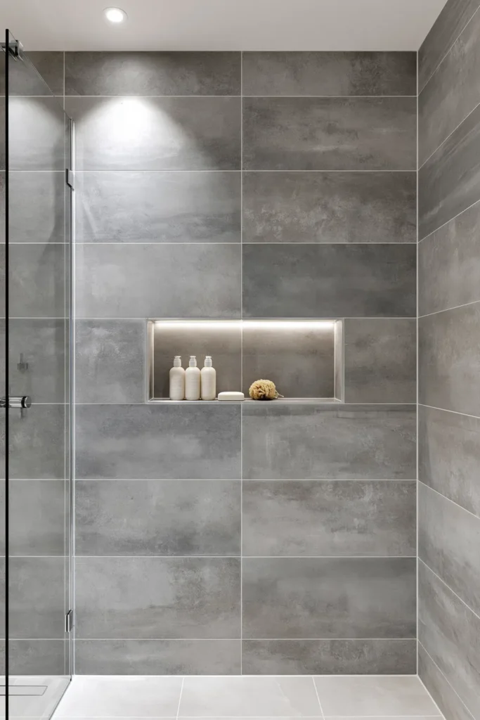 Grey tiled shower with a built-in shower nook holding neatly arranged bottles, soap and a yellow loofah.