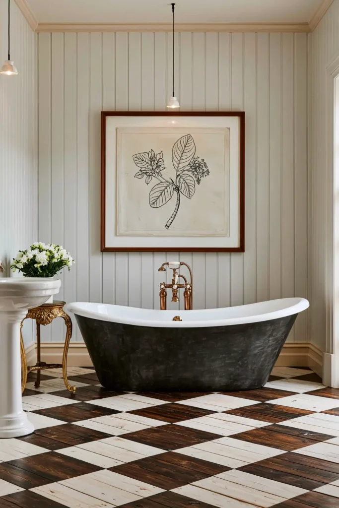 30 Modern Farmhouse Bathroom Decor Ideas for a Warm, Updated Space 18 Modern farmhouse bathroom with a dark roll-top tub, large checkerboard floor, white wall paneling, and brass fixtures.