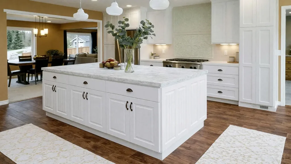 18 Kitchen Island Decor Ideas for Every Layout 20 Large white paneled kitchen island with a pale stone countertop, leafy vase, white glass pendants, and dark wood flooring.
Kitchen Island Decor Ideas for Every Layout