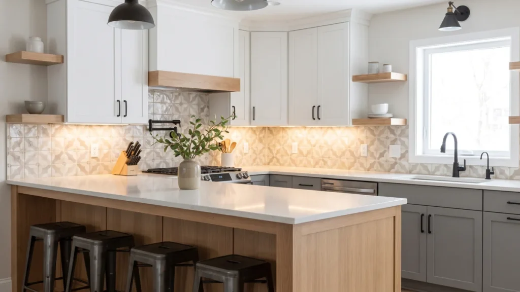Inviting neutral kitchen with a softly patterned backsplash, pale countertops, wood details, and balanced modern finishes.