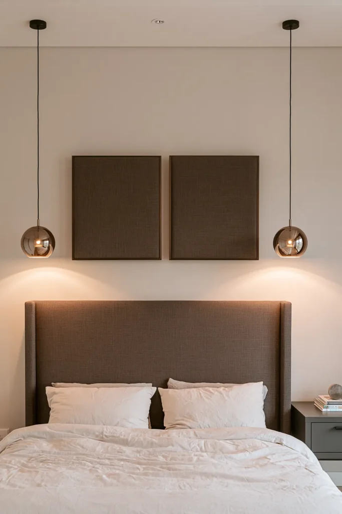 24 Bedroom Lighting Ideas for a Comfortable and Stylish Space 17 Chrome bedside pendant lights casting warm circular beams beside a gray upholstered headboard.