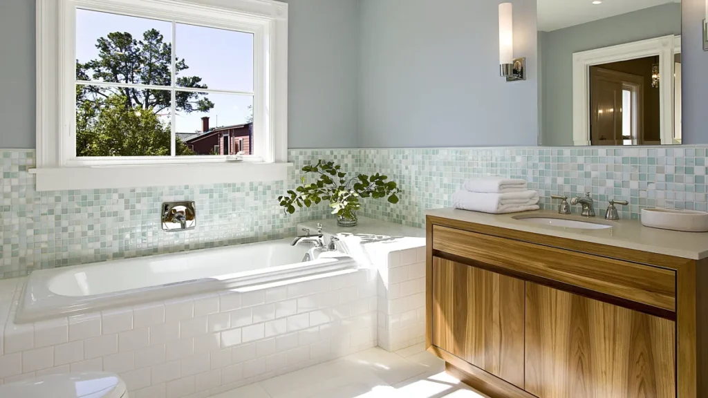 Bathroom Color Schemes That Never Go Out of Style 8 Classic bathroom color palette with gray tile, warm wood vanity, white bathtub, chrome fixtures, aqua accents, and greenery
Bathroom Color Schemes That Never Go Out of Style