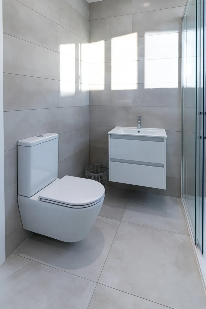 Small bathroom with a clear pale floor, floating white vanity, tidy washing basket and glass shower panel.