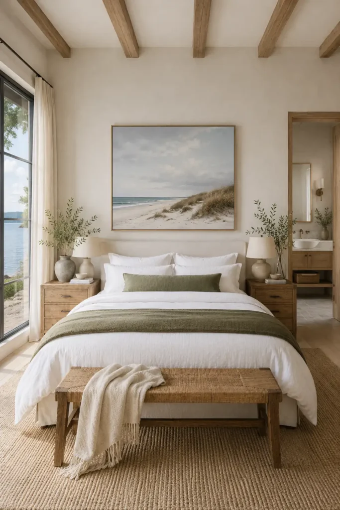 30 Master Bedroom Wall Decor Ideas for a More Personal Space 9 Calming master bedroom with a framed sandy beach photograph, white bedding, and an olive-green throw.