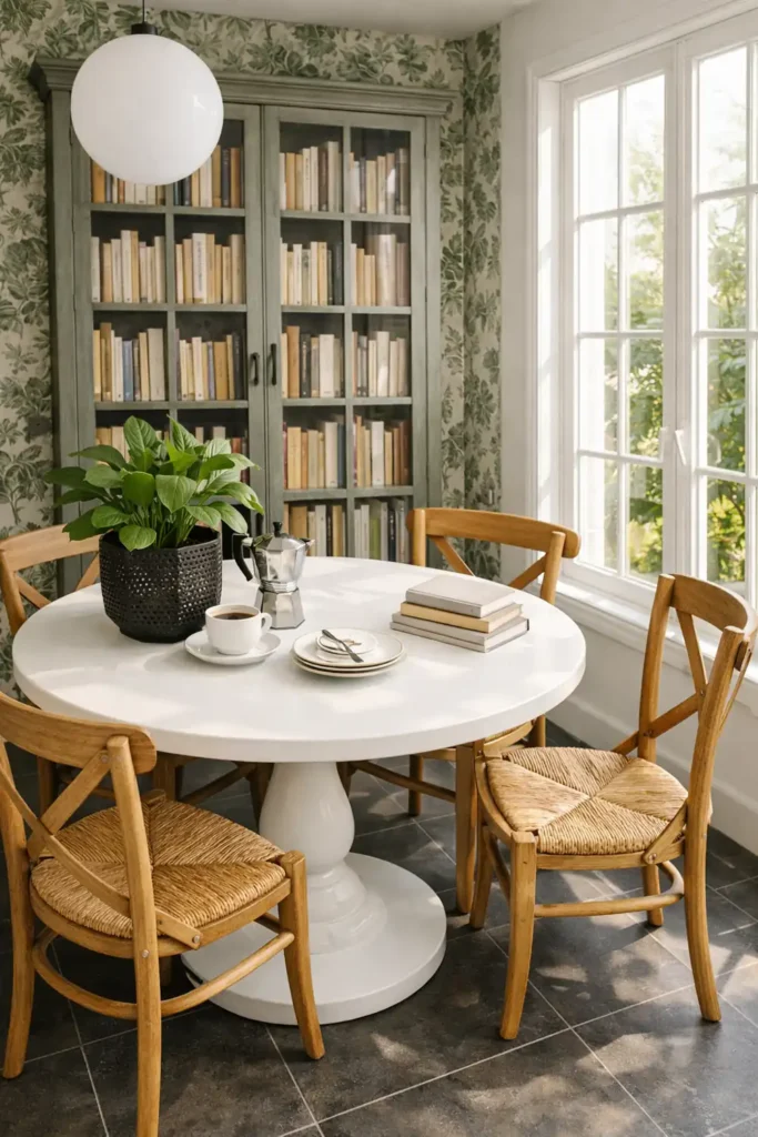 How to Style a Dining Table When Not in Use: 6 Decorative Ideas 6 Bright dining nook with a short stack of coffee table books, a leafy plant, woven chairs, botanical wallpaper, and a glass-front bookcase.