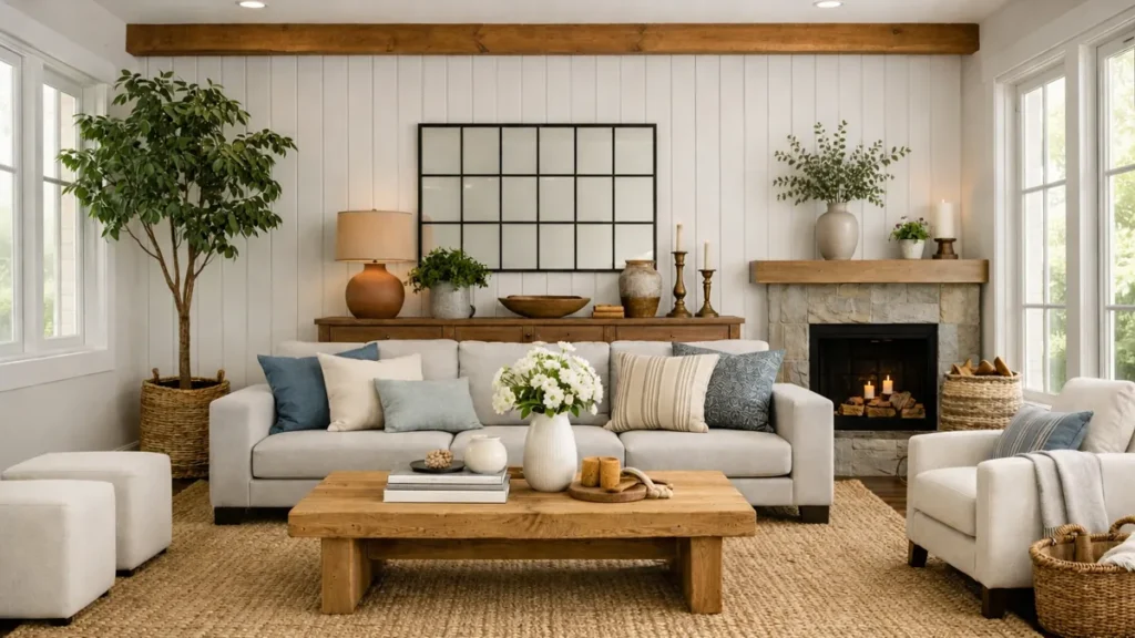 7 Modern Farmhouse Living Room Decor Ideas for a Warm, Relaxed Space 9 Collected modern farmhouse living room with warm neutrals, rustic wood beams, pale furniture, woven textures, vintage accents, indoor plants, and soft natural light.
Modern Farmhouse Living Room Decor Ideas