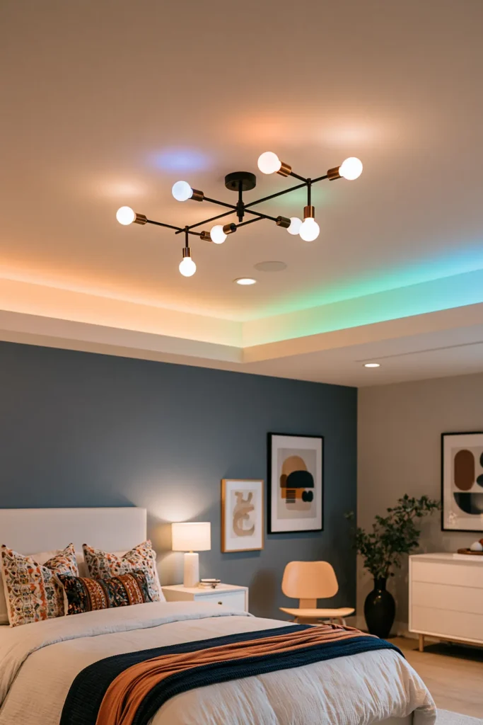 24 Bedroom Lighting Ideas for a Comfortable and Stylish Space 2 Bedroom with a branching globe-bulb fixture casting magenta, orange, green, and turquoise light across blue walls.