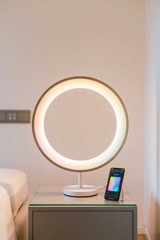 24 Bedroom Lighting Ideas for a Comfortable and Stylish Space 22 Circular smart bedroom lamp glowing pink, yellow, green, and turquoise beside a smartphone control screen.