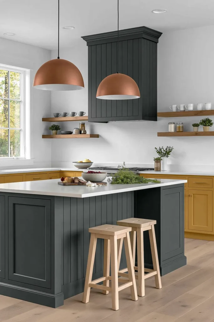 18 Kitchen Island Decor Ideas for Every Layout 9 Deep teal kitchen island with mustard-yellow cabinets, natural wood stools, copper pendant lights, floating shelves, and greenery.