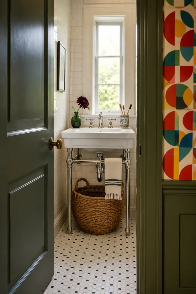 30 Modern Farmhouse Bathroom Decor Ideas for a Warm, Updated Space 9 Compact modern farmhouse bathroom with a chrome-supported basin, white subway tile, woven basket, and colorful geometric wallpaper.