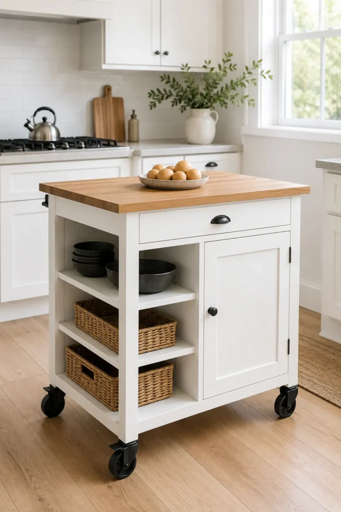 18 Kitchen Island Decor Ideas for Every Layout 2 Compact white rolling kitchen island with a natural wood top, open shelves, cabinet storage, baskets, and black casters in a bright kitchen.