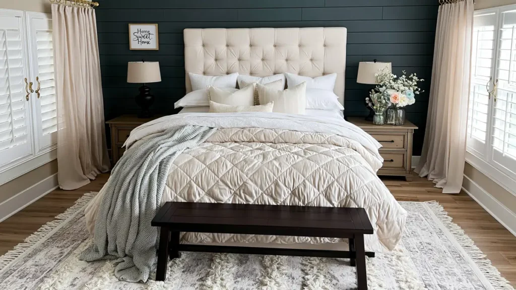 Modern Farmhouse Bedroom Ideas for a Warm, Relaxed Retreat 9 Complete modern farmhouse bedroom with teal shiplap, cream tufted bed, layered neutral bedding, wood furniture, spring flowers, and an ivory rug.
Modern Farmhouse Bedroom Ideas