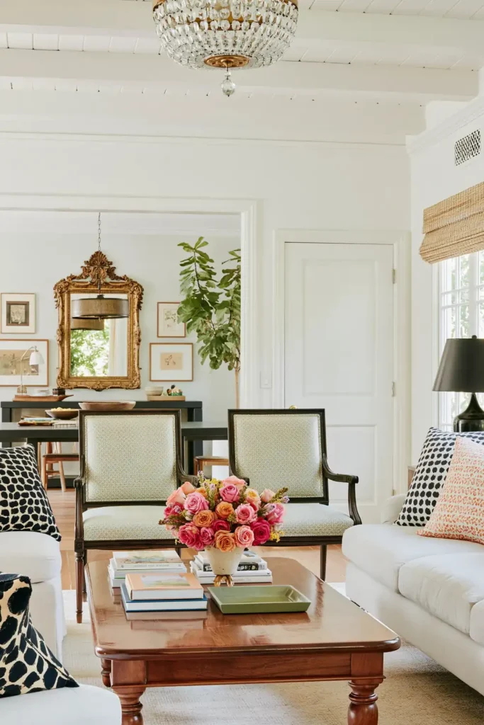 Cohesive open living and dining room with white ceiling beams, a polished wood coffee table, patterned seating, and colorful flowers.