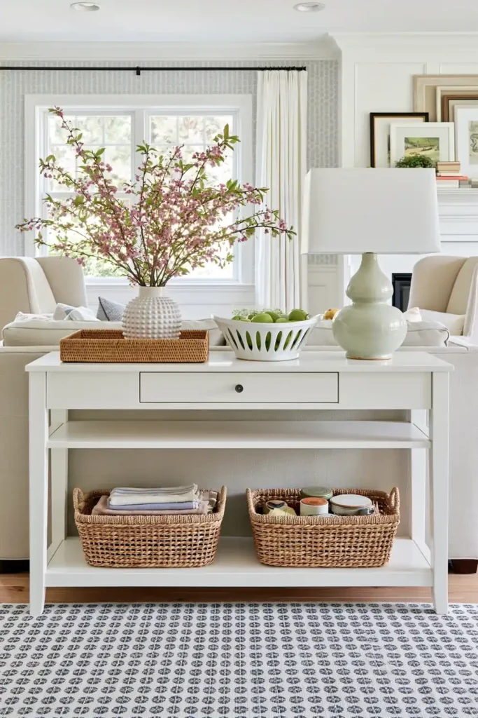 White console table behind a beige sofa with woven baskets, folded textiles, a pale green lamp, and pink flowering branches.