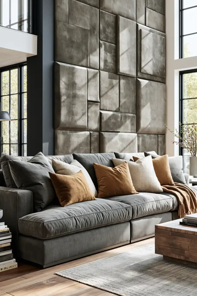 23 Living Room Wall Decor Ideas Above the Couch for a Stylish Sofa Wall 22 Grey sofa in a dark contemporary living room with raised geometric wall panels above it