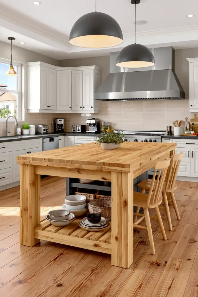 18 Kitchen Island Decor Ideas for Every Layout 16 Natural wood worktable kitchen island with butcher-block top, lower shelf storage, tucked chairs, and dark dome pendants.