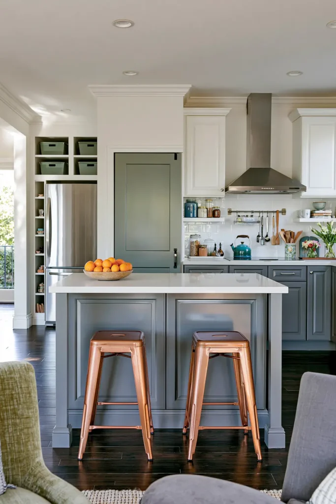 Open floor plan with a gray kitchen island, green barn-style door, coordinated cabinetry, and warm metal-framed stools.