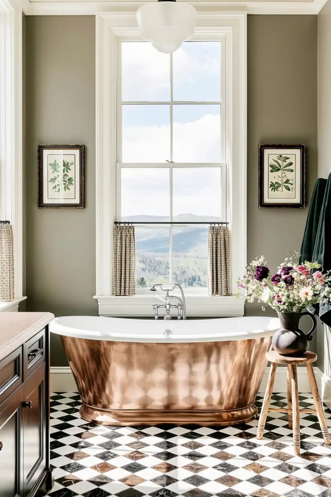 30 Modern Farmhouse Bathroom Decor Ideas for a Warm, Updated Space 30 Modern farmhouse bathroom with a copper freestanding tub, diamond-checkered floor, botanical prints, flowers, and a mountain view.