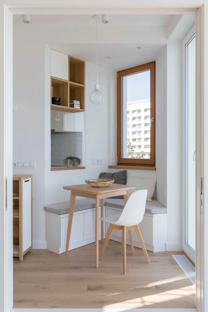 Small Dining Room Ideas for Apartments That Make Every Corner Count 3 Small apartment corner dining setup with a light wood table, built-in bench seating, white chair, and simple modern decor.