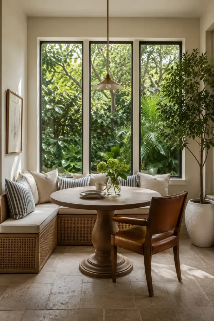 Modern Farmhouse Kitchen Decor Ideas for a Warm and Practical Home 5 Cozy farmhouse kitchen breakfast nook with a wicker bench, striped cushions, round wood table, tall windows, and greenery outside.