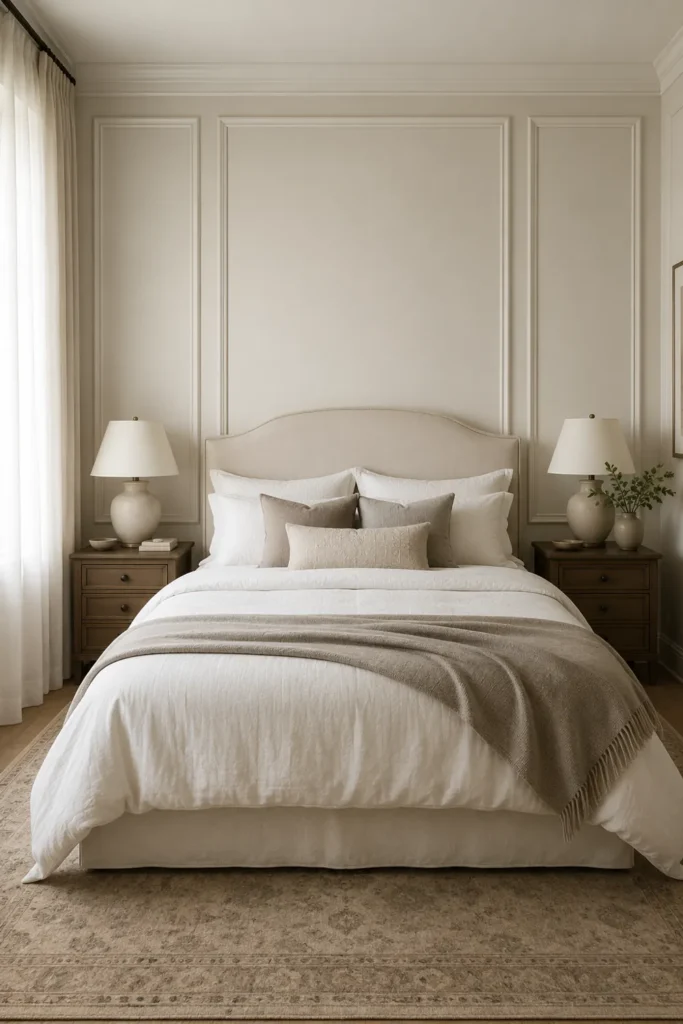 30 Master Bedroom Wall Decor Ideas for a More Personal Space 21 Cream picture-frame moulding behind a pale upholstered bed with matching wooden nightstands and lamps.