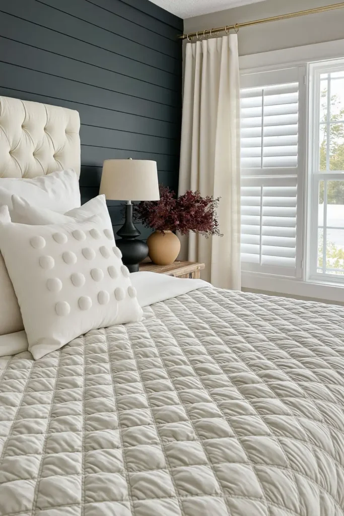 Modern Farmhouse Bedroom Ideas for a Warm, Relaxed Retreat 3 Cream tufted headboard with layered white pillows, diamond-quilted farmhouse bedding, and pale linen curtains.