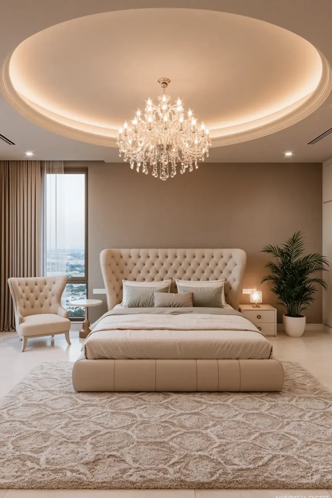 24 Bedroom Lighting Ideas for a Comfortable and Stylish Space 15 Elegant cream bedroom with a crystal chandelier and warm cove lighting in a recessed ceiling.