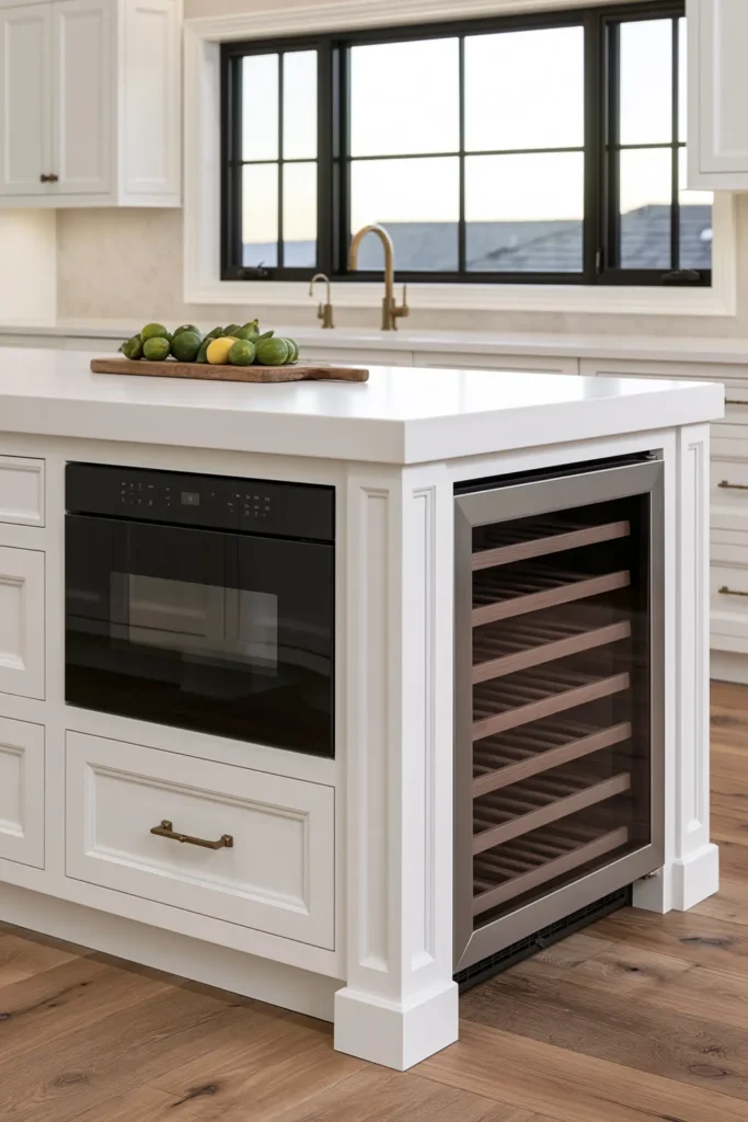 18 Kitchen Island Decor Ideas for Every Layout 5 White culinary kitchen island with a built-in microwave drawer, glass-front wine cooler, brass hardware, and thick white countertop.